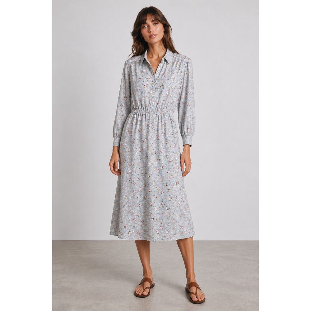 Light Blue Floral Shirt Dress with Elastic Waist